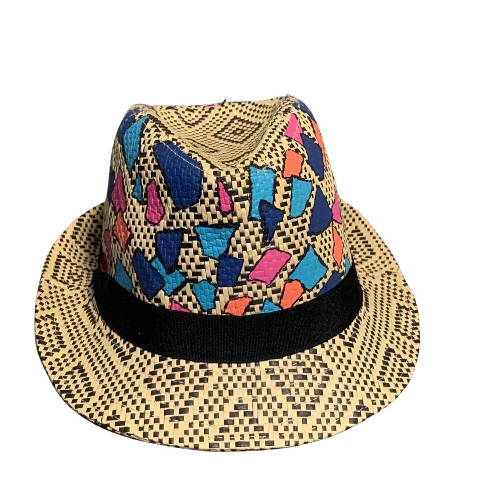 Multicolor Patterned Straw Fedora Hat with Black Band